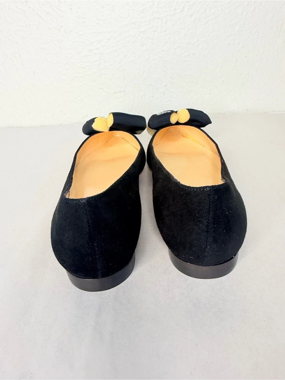 Kate Spade black suede flats with grosgrain jeweled bows